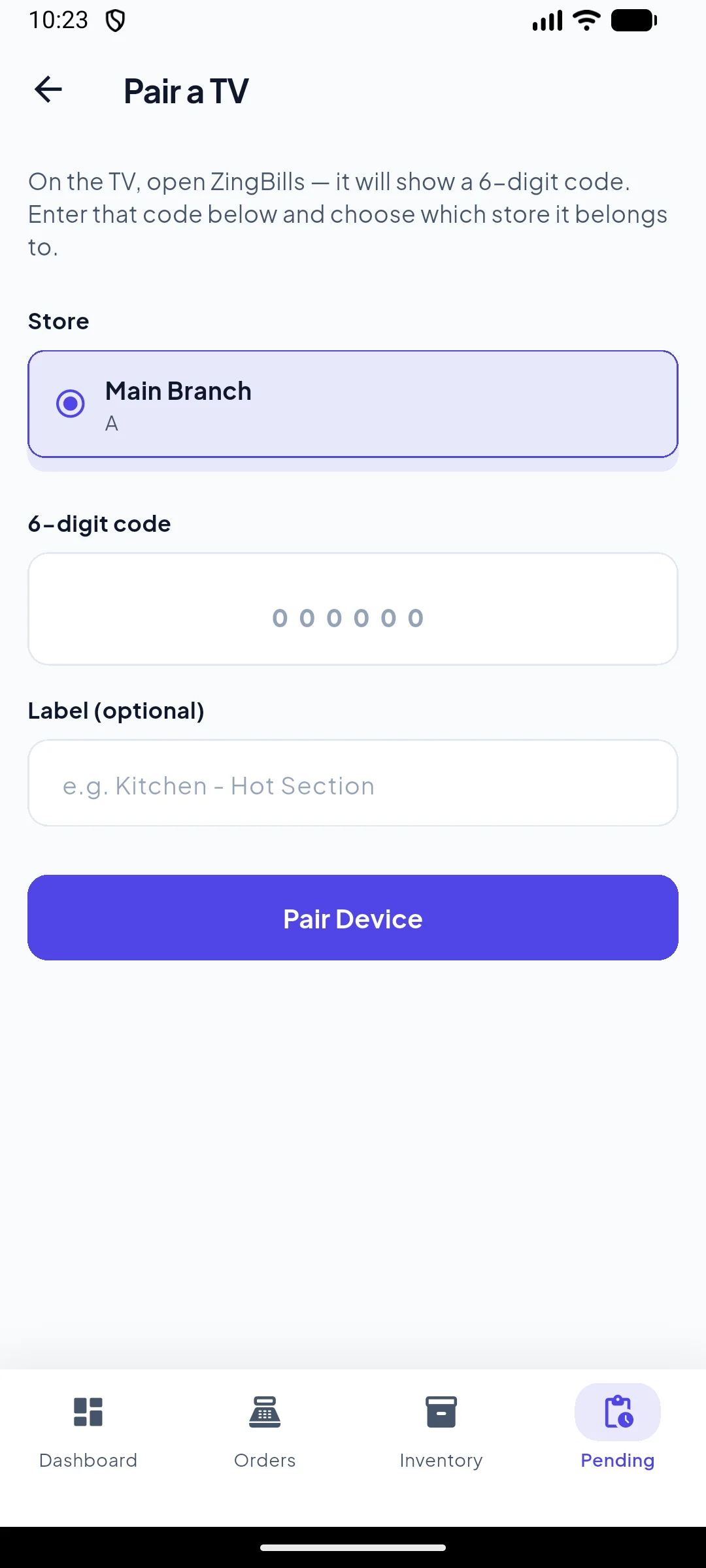 Mobile TV Display pairing screen showing 6-digit pair code input and active connected kitchen displays.