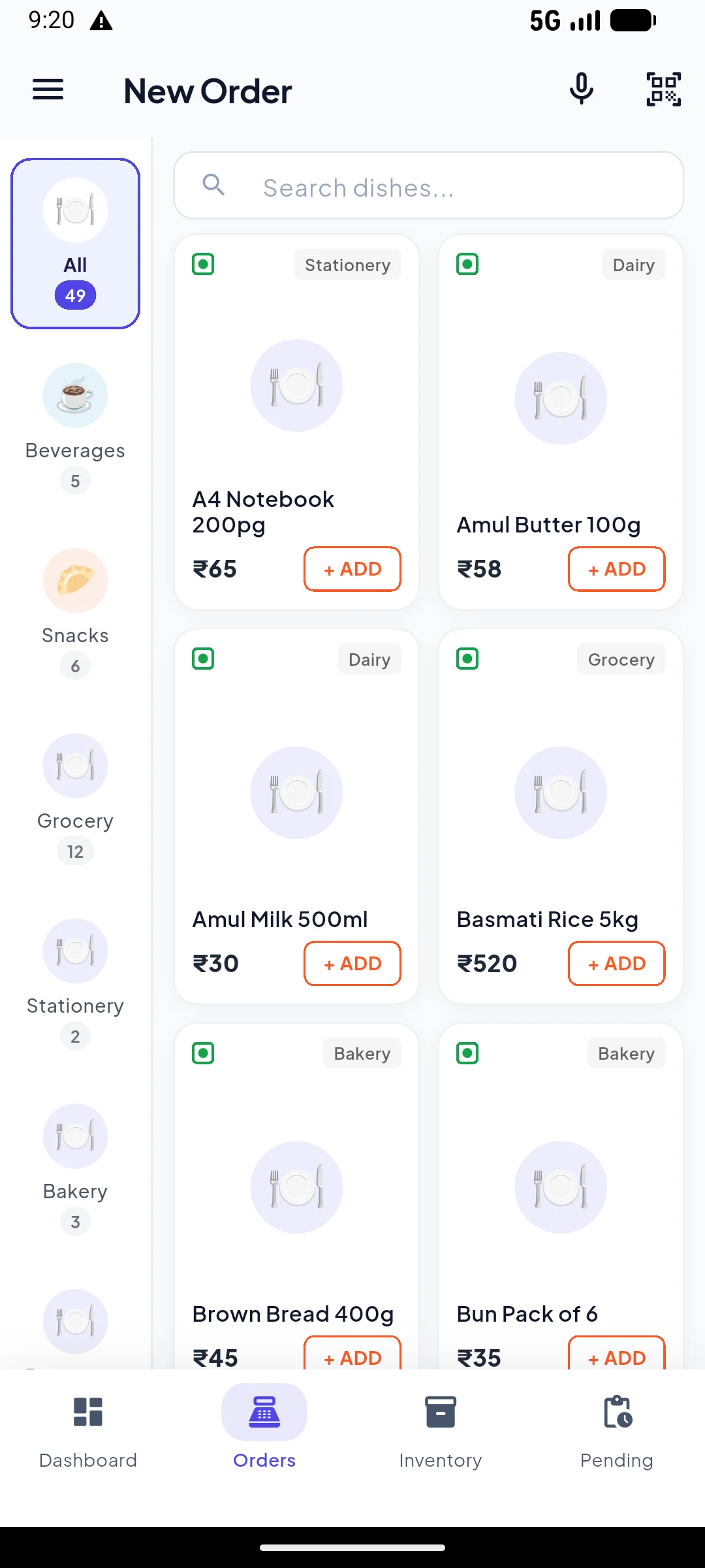 The ZingBills New Order screen: items in a category grid with prices, low-stock badges and automatic expiry discounts.